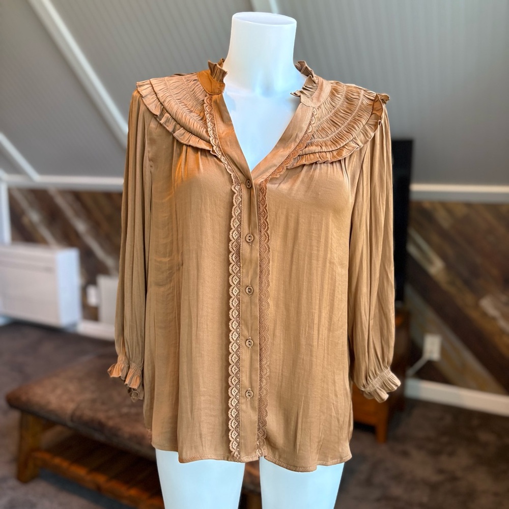 Democracy Rust Brown Ruffled Button-Up Blouse - image 1